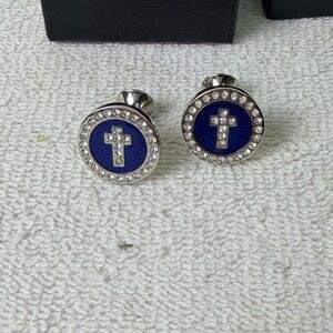 Religious Cuff Link With Cross & Blue Inlay Suit Old Money Business